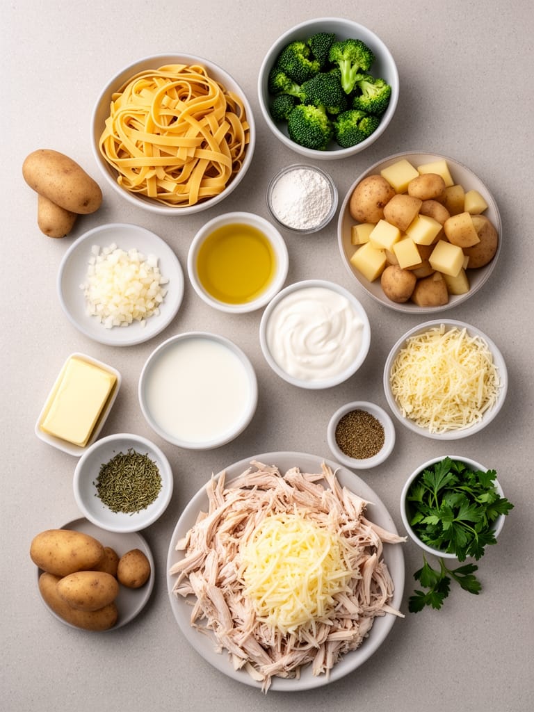 Ingredients for Creamy Chicken Fettuccine Bake with Broccoli & Potatoes