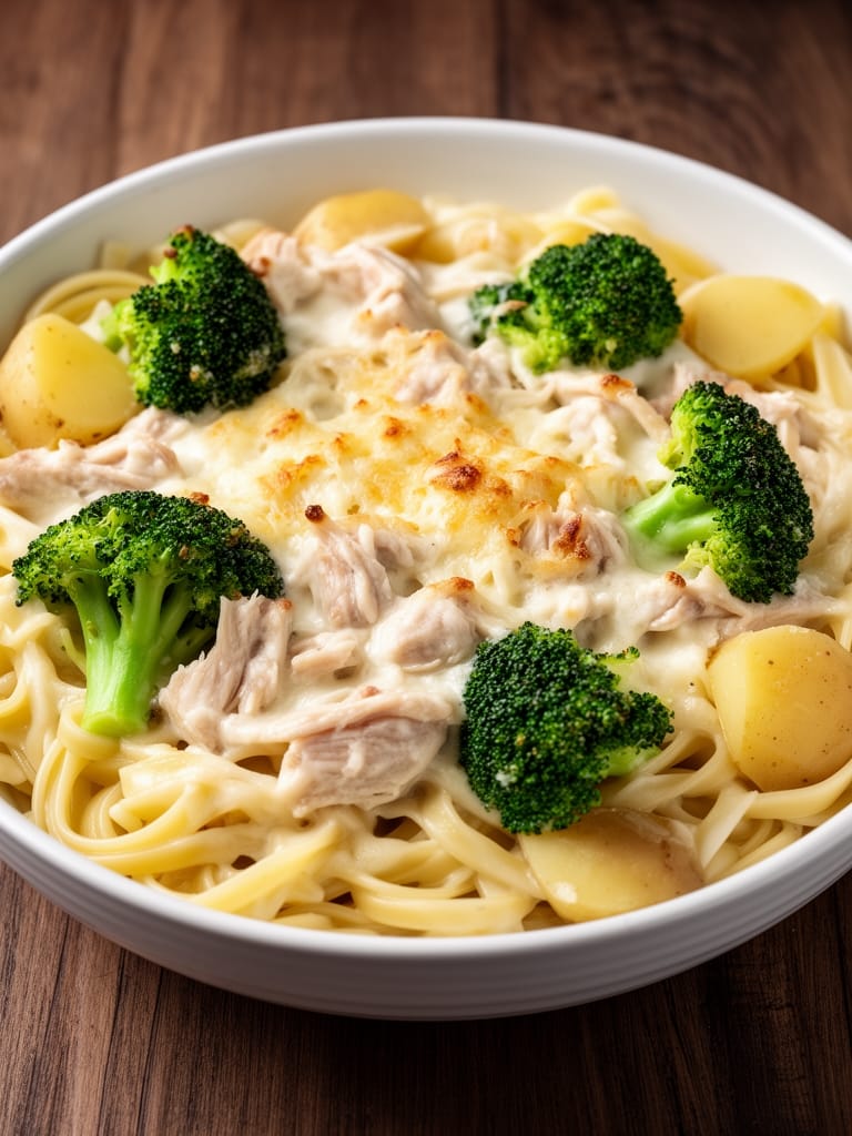 Creamy Chicken Fettuccine Bake with Broccoli & Potatoes