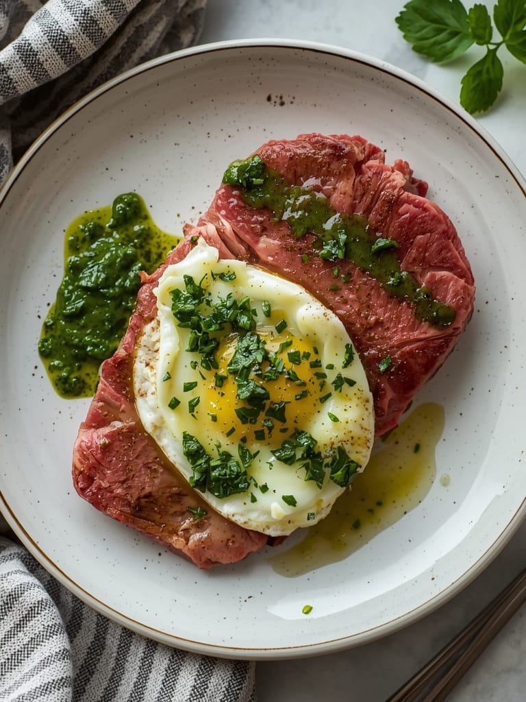 strip steak and eggs with chimichurri ingredients