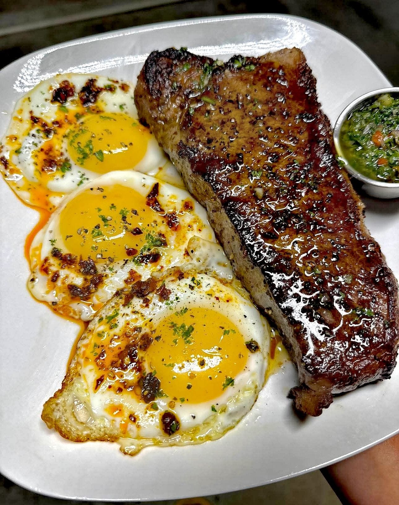 strip steak and eggs